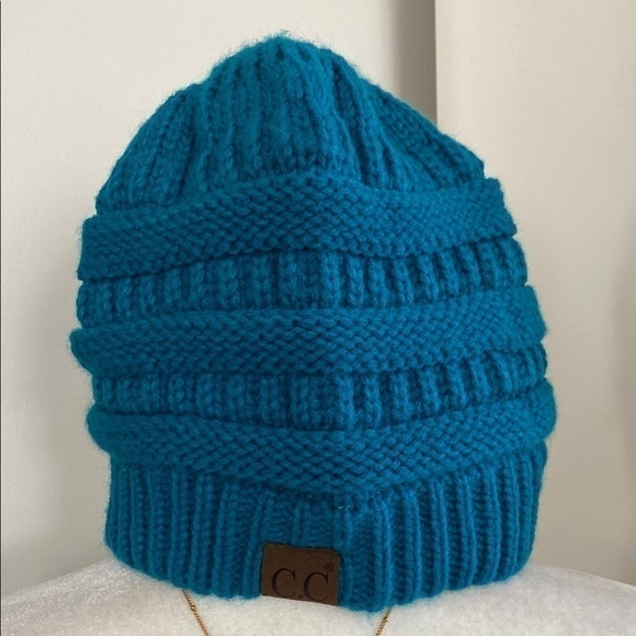 C.C Dark Teal Ponytail Thick Knit Messy Bun Bohemian Beanie Whimsical Winter Hat - Picture 1 of 6